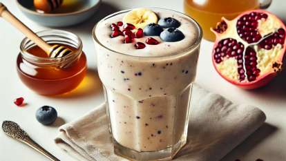 Batido para dor de garganta com mel, sementes de romã, iogurte, mirtilos e banana