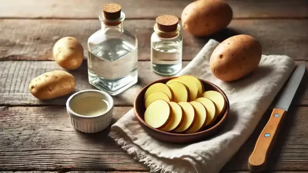 Cura rápida para dores de cabeça: batatas com vinagre e aguardente em uma toalha