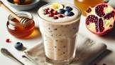 Batido para dor de garganta com mel, sementes de romã, iogurte, mirtilos e banana
